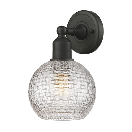 Innovations Athens 1-Light Wall Sconce | Industrial Oil Rubbed Bronze Steel and Clear Basket Weave Glass | Hallway & Bathroom | Model 900-1W-OB-G122C-6CL