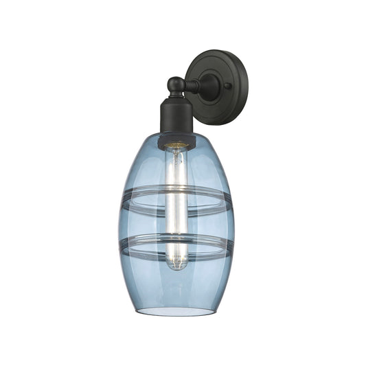 Innovations Vaz 6in 1-Light Wall Sconce | Industrial Oil Rubbed Bronze Steel and Blue Glass | Bathroom & Hallway Accent | Model 900-1W-OB-G557-6BL