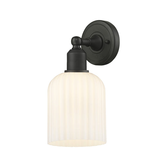 Innovations Bridal Veil 5in 1-Light Wall Sconce | Industrial Oil Rubbed Bronze Steel and Gloss White Ribbed Glass | Bathroom & | Model 900-1W-OB-G559-5GWH