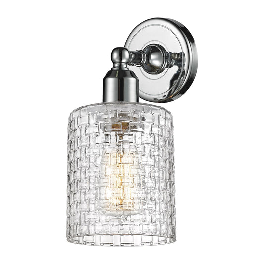 Innovations Cobbleskill 5in 1-Light Wall Sconce | Industrial Polished Chrome Steel and Clear Basket Weave Glass | Bathroom & | Model 900-1W-PC-G112C-5CL