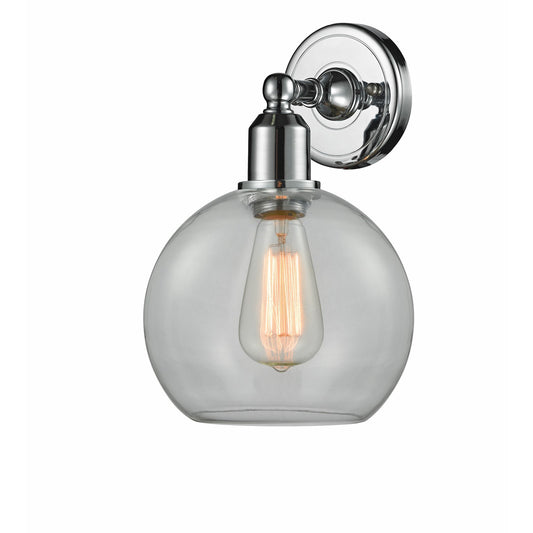Innovations Sphere 8in 1-Light Wall Sconce | Industrial Polished Chrome Steel and Cast Brass Clear Glass | Hallway & Bathroom | Model 900-1W-PC-G122-LED