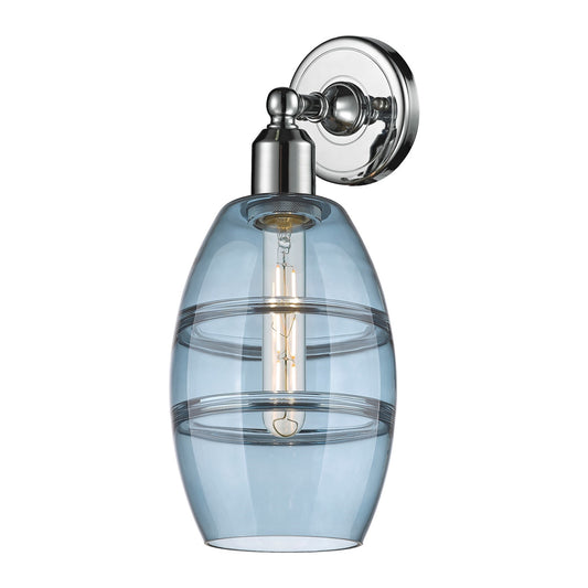 Innovations Vaz 6in 1-Light Wall Sconce | Industrial Polished Chrome and Blue Glass | Bathroom & Hallway Accent | Model 900-1W-PC-G557-6BL
