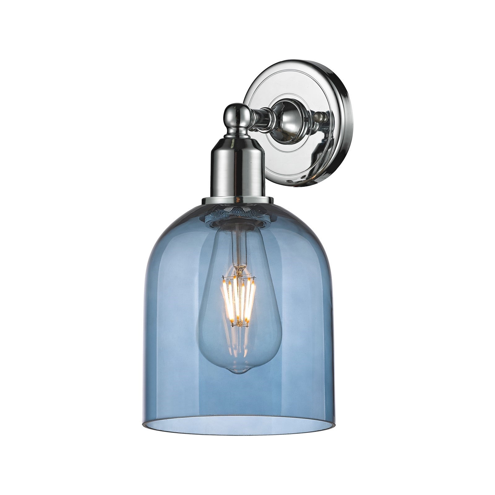 Innovations Bella 5.5in 1-Light Wall Sconce | Industrial Polished Chrome and Blue Glass | Bathroom & Hallway Accent | Model 900-1W-PC-G558-6BL