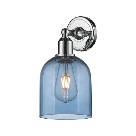 Innovations Bella 5.5in 1-Light Wall Sconce | Industrial Polished Chrome and Blue Glass | Bathroom & Hallway Accent | Model 900-1W-PC-G558-6BL
