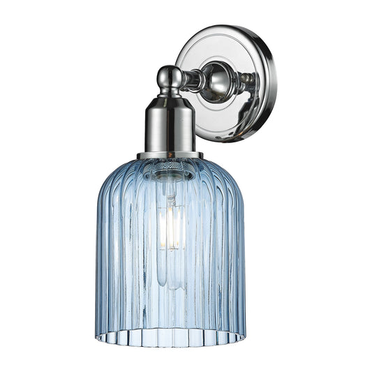 Innovations Bridal Veil 5in 1-Light Wall Sconce | Industrial Polished Chrome and Princess Blue Ribbed Glass | Bathroom & | Model 900-1W-PC-G559-5BL