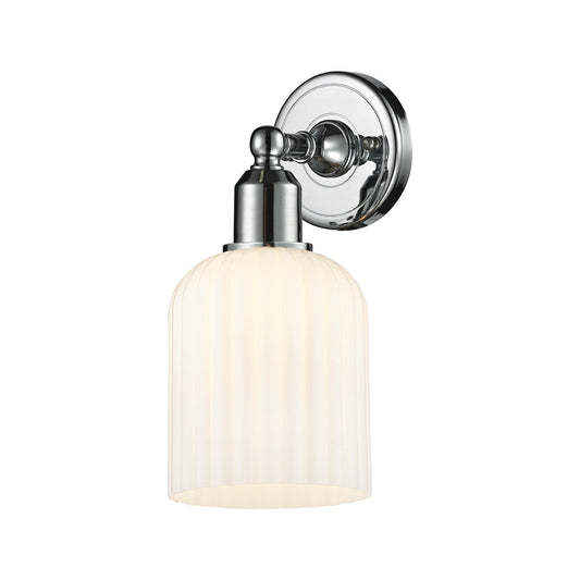 Innovations Bridal Veil 5in 1-Light Wall Sconce | Industrial Polished Chrome and Gloss White Ribbed Glass | Bathroom & Hallway | Model 900-1W-PC-G559-5GWH