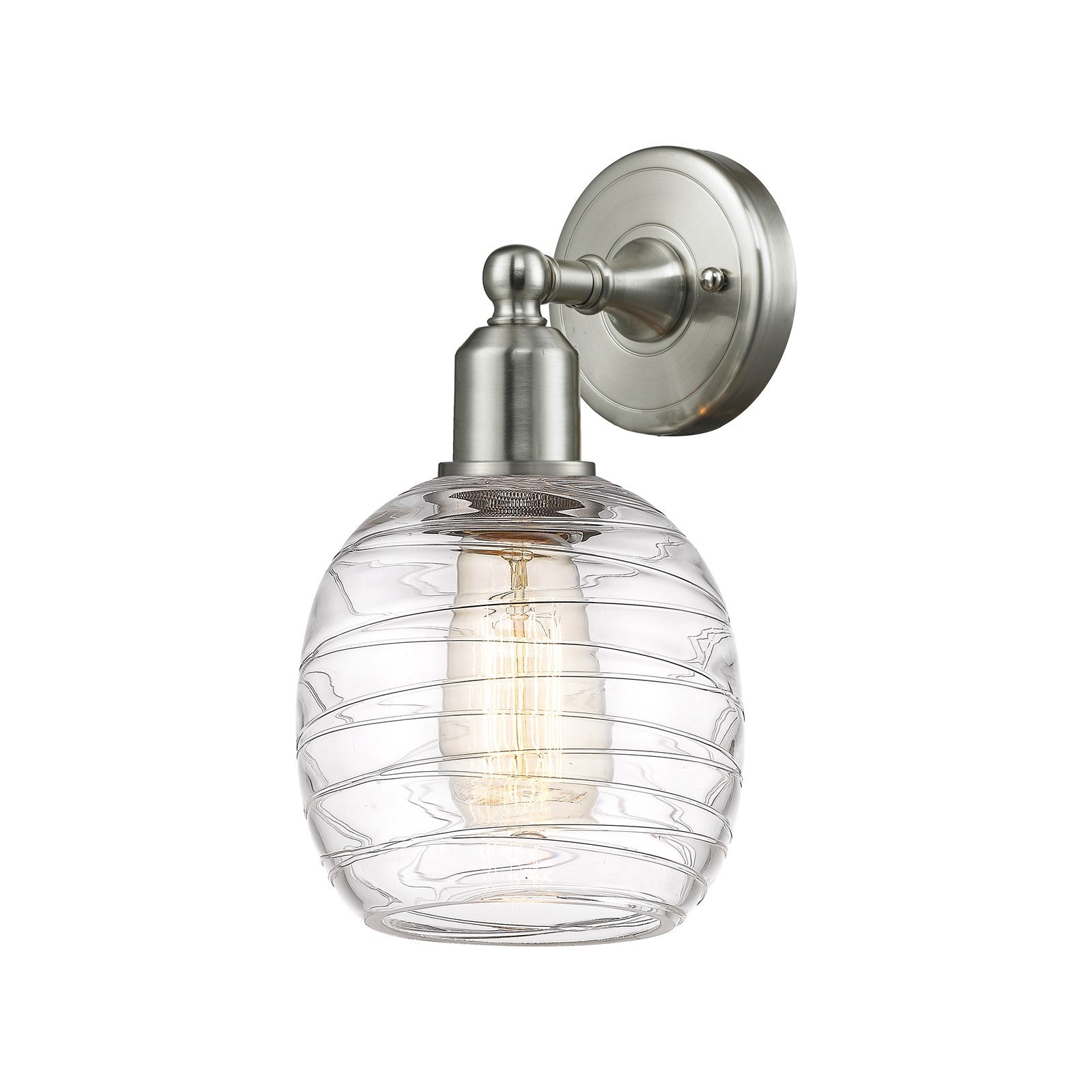 Innovations Belfast 6in 1-Light Wall Sconce | Industrial Brushed Satin Nickel Steel and Deco Swirl Clear Glass Globe | Hallway & | Model 900-1W-SN-G1013