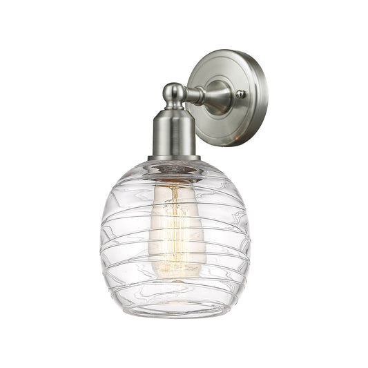 Innovations Belfast 6in 1-Light Wall Sconce | Industrial Brushed Satin Nickel Steel and Deco Swirl Clear Glass Globe | Hallway & | Model 900-1W-SN-G1013