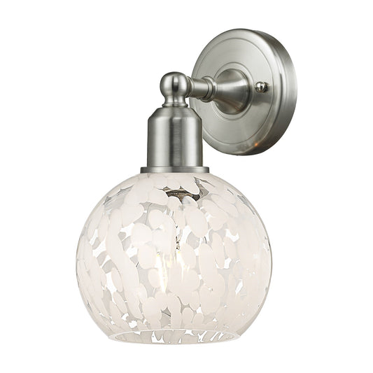 Innovations White Mouchette 6in 1-Light Wall Sconce | Industrial Brushed Satin Nickel and White Mouchette Glass | Hallway & | Model 900-1W-SN-G1216-6WM