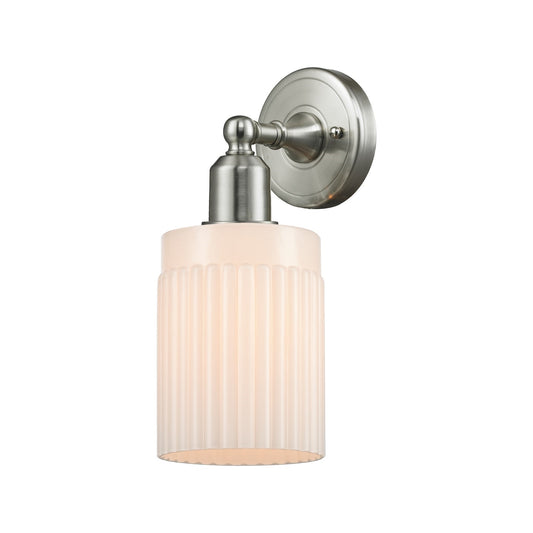 Innovations Hadley 5in 1-Light Wall Sconce | Industrial Brushed Satin Nickel and Matte White Ribbed Glass | Hallway & Bathroom | Model 900-1W-SN-G341
