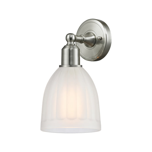 Innovations Brookfield 5.75in 1-Light Wall Sconce | Industrial Brushed Satin Nickel and White Frosted Ribbed Glass | Hallway & | Model 900-1W-SN-G441
