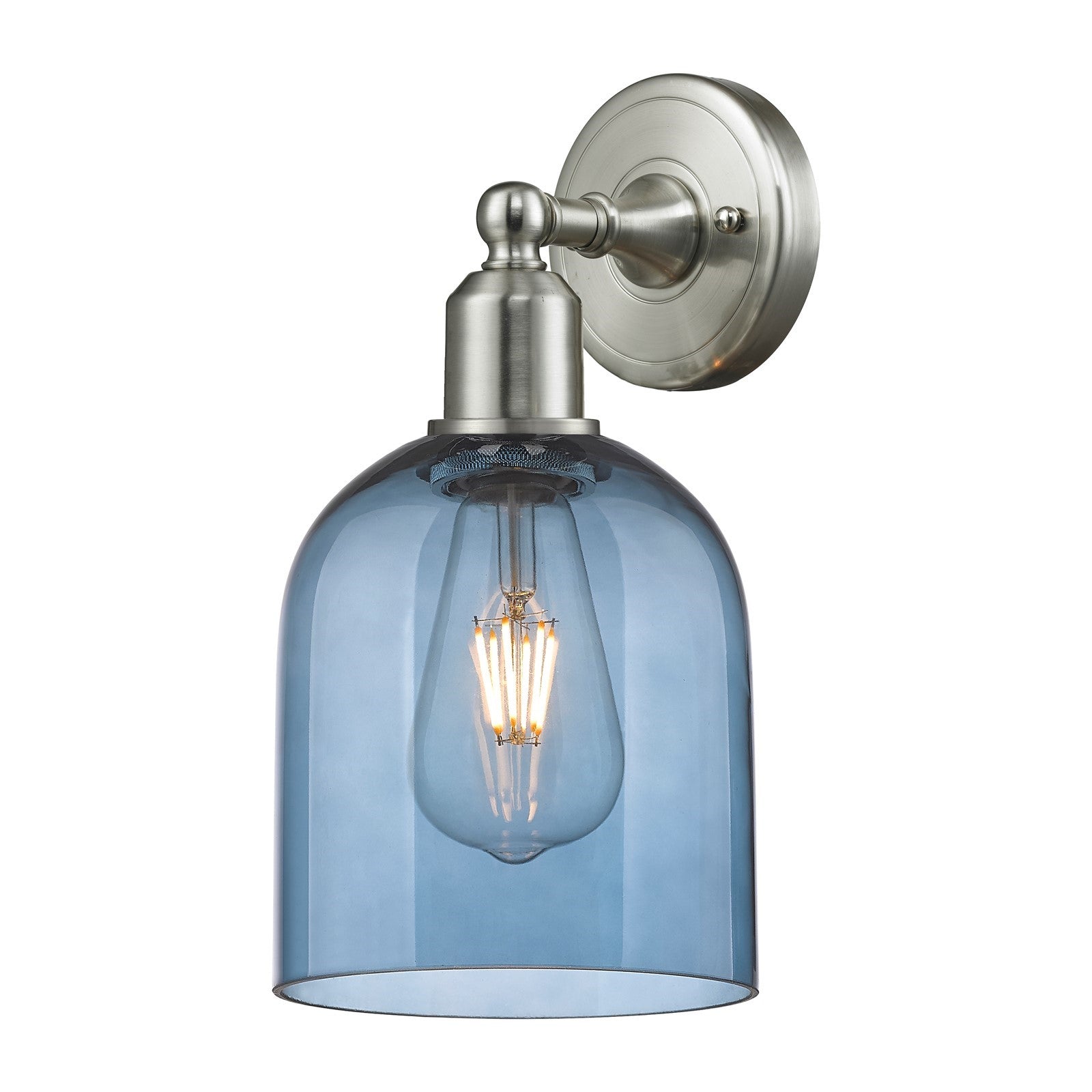 Innovations Bella 5.5in 1-Light Wall Sconce | Industrial Brushed Satin Nickel and Blue Glass | Bathroom & Hallway Accent | Model 900-1W-SN-G558-6BL