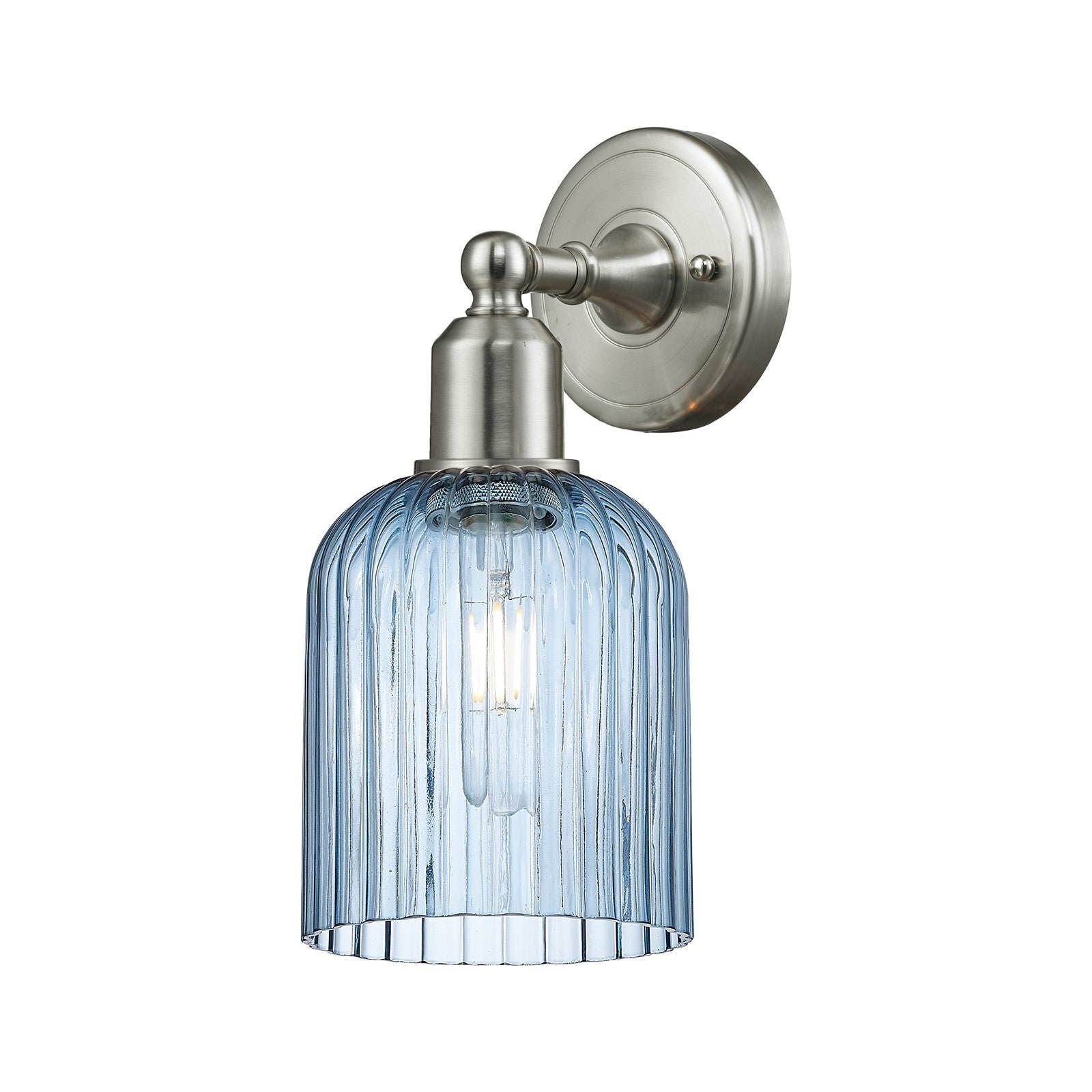 Innovations Bridal Veil 5in 1-Light Wall Sconce | Industrial Brushed Satin Nickel Steel and Princess Blue Ribbed Glass | Model 900-1W-SN-G559-5BL