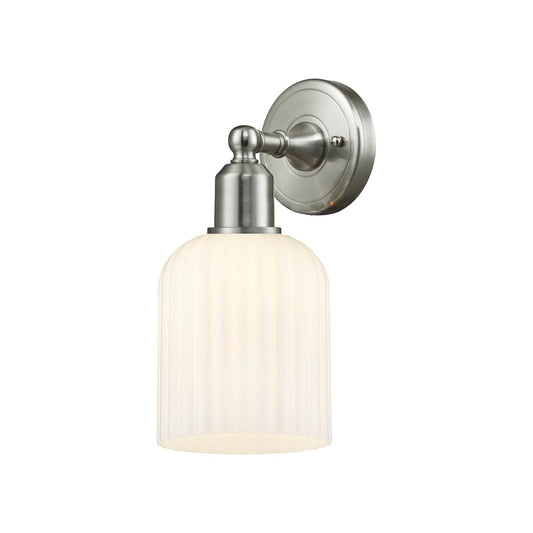 Innovations Bridal Veil 5in 1-Light Wall Sconce | Industrial Brushed Satin Nickel and Gloss White Ribbed Glass | Hallway & | Model 900-1W-SN-G559-5GWH