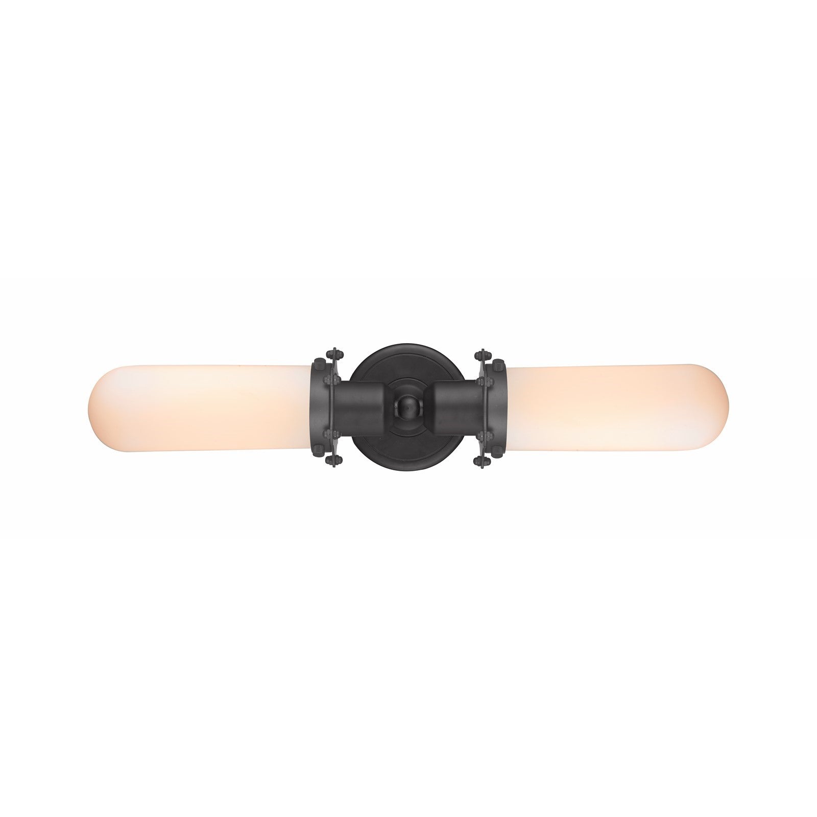 Innovations Centri 22in 2-Light Bath Vanity | Industrial Matte Black Steel and Cast Brass with Matte White Frosted Glass | Model 900-2W-BK-CE228-BK-W