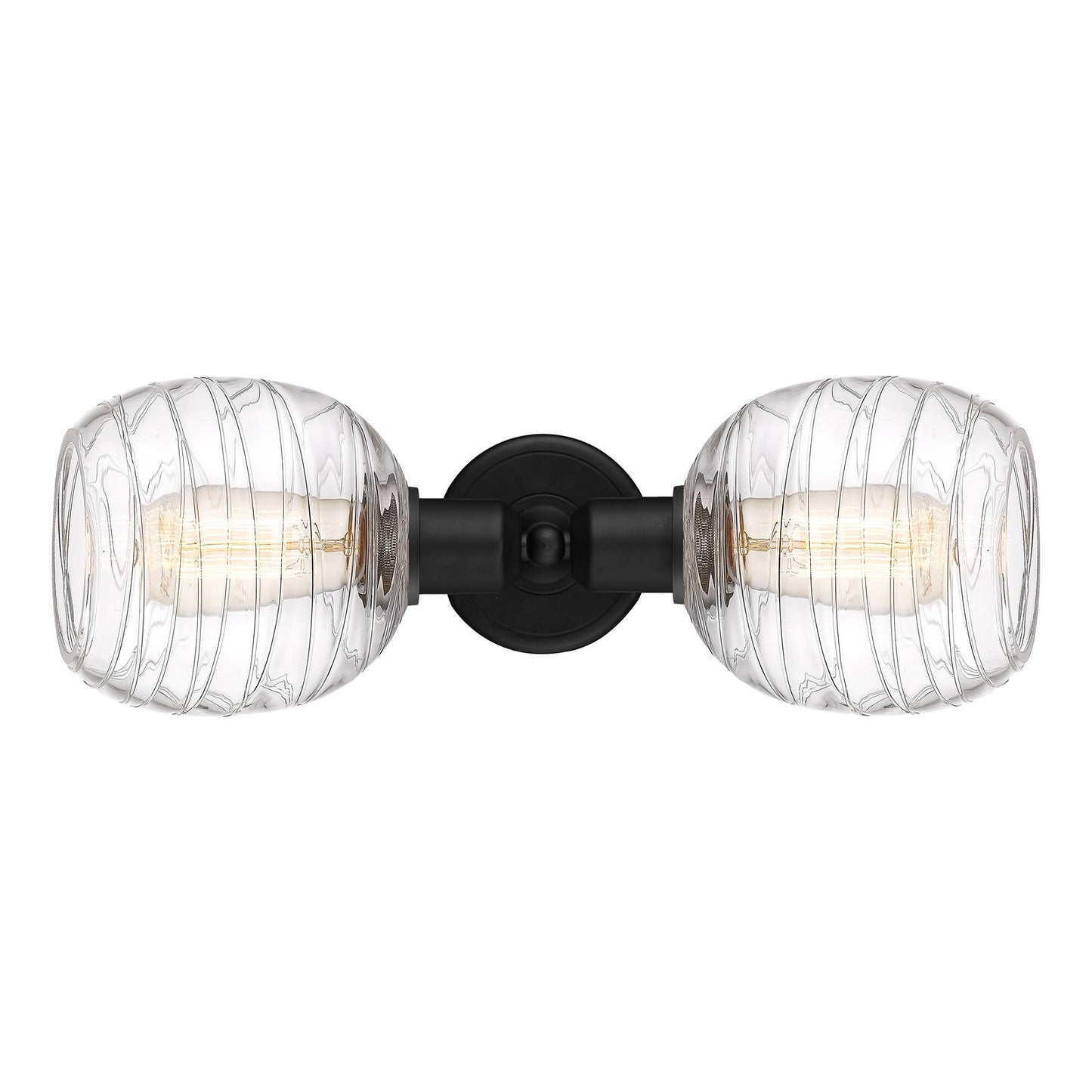 Innovations Belfast 17.25in 2-Light Bath Vanity | Industrial Matte Black Steel and Cast Brass with Deco Swirl Clear Glass Shades | Model 900-2W-BK-G1013