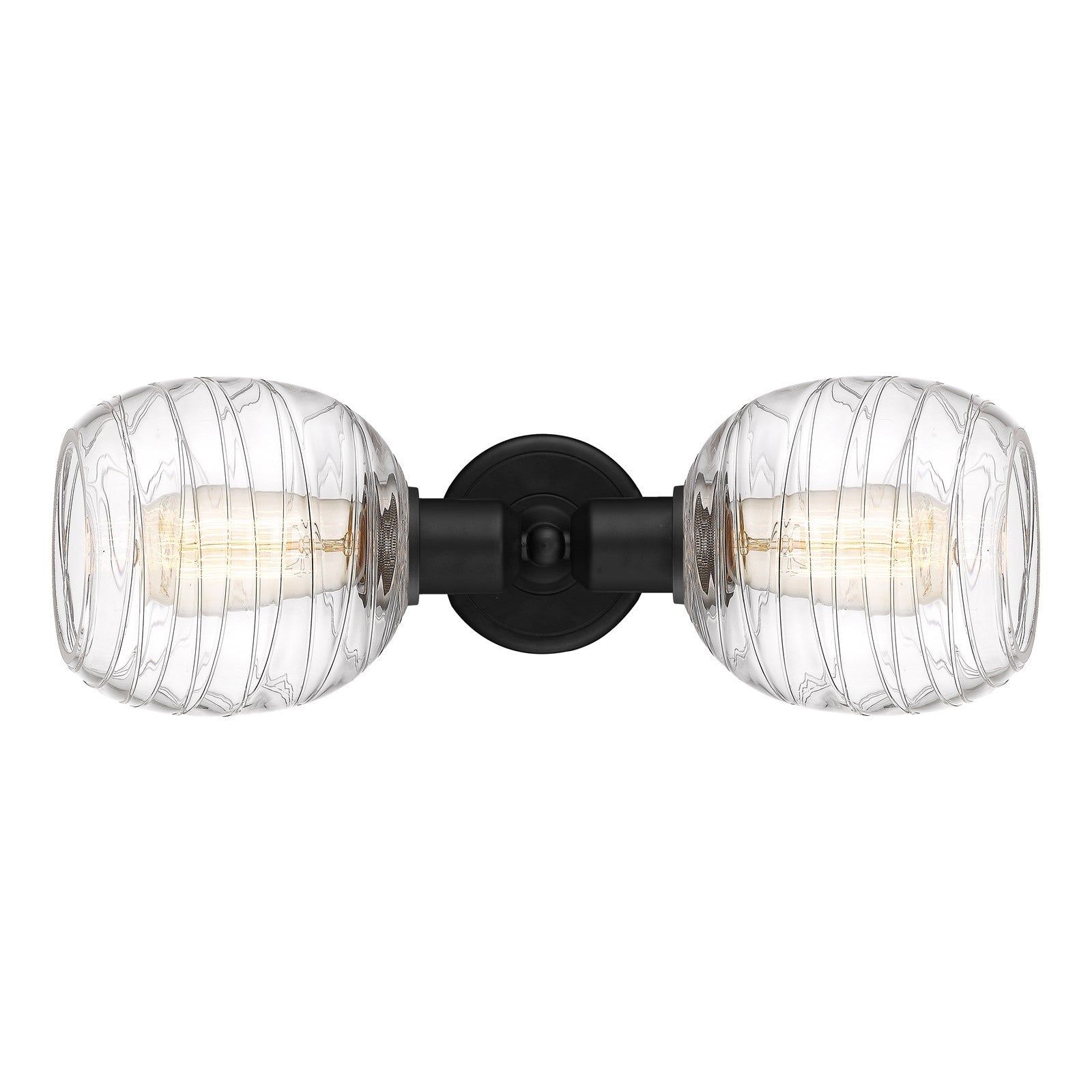 Innovations Belfast 17.25in 2-Light Bath Vanity | Industrial Matte Black Steel and Cast Brass with Deco Swirl Clear Glass Shades | Model 900-2W-BK-G1013