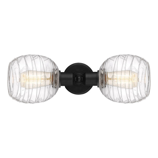 Innovations Belfast 17.25in 2-Light Bath Vanity | Industrial Matte Black Steel and Cast Brass with Deco Swirl Clear Glass Shades | Model 900-2W-BK-G1013