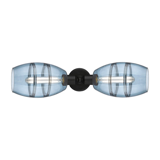 Innovations Vaz 24in 2-Light Linear Bath Vanity | Industrial Matte Black Steel and Blue Glass | Bathroom Vanity & Powder Room | Model 900-2W-BK-G557-6BL
