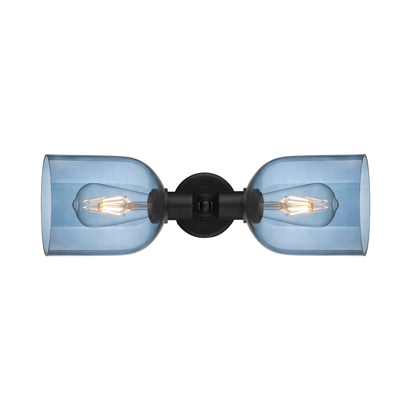 Innovations Bella 18in 2-Light Linear Bath Vanity Light | Industrial Matte Black Steel and Blue Bell Glass | Bathroom Vanity & | Model 900-2W-BK-G558-6BL