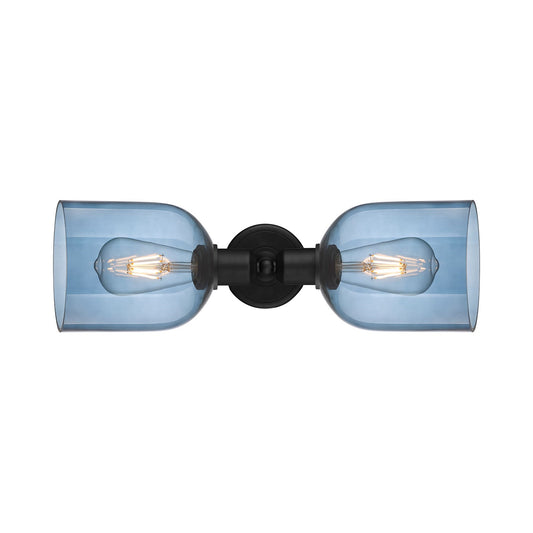Innovations Bella 18in 2-Light Linear Bath Vanity Light | Industrial Matte Black Steel and Blue Bell Glass | Bathroom Vanity & | Model 900-2W-BK-G558-6BL
