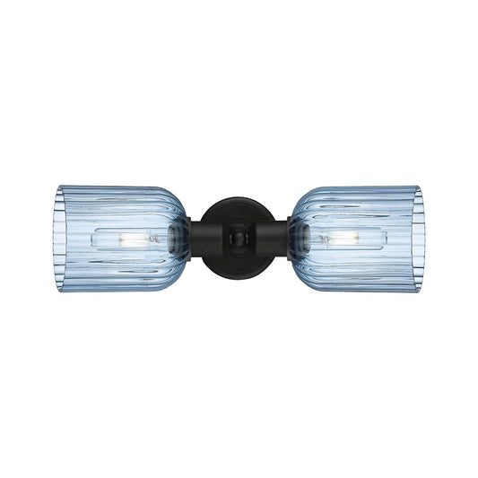 Innovations Bridal Veil 17in 2-Light Linear Bath Vanity Light | Industrial Matte Black Steel and Princess Blue Ribbed Glass | Model 900-2W-BK-G559-5BL
