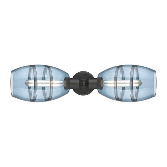 Innovations Vaz 24in 2-Light Linear Bath Vanity | Industrial Oil Rubbed Bronze Steel and Blue Glass | Kitchen & Bathroom | Model 900-2W-OB-G557-6BL
