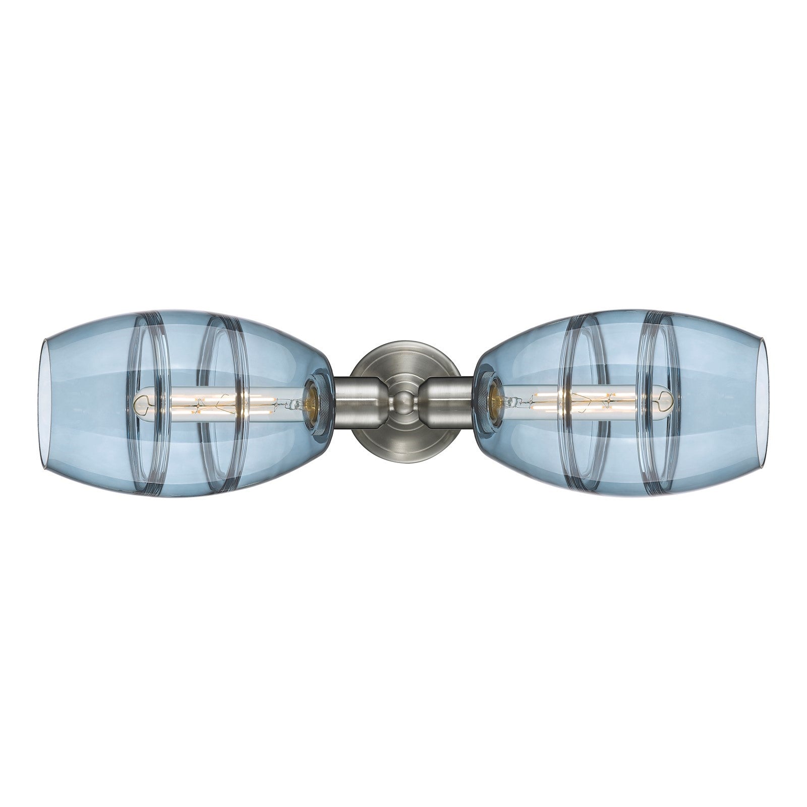 Innovations Vaz 24in 2-Light Linear Bath Vanity Light | Industrial Brushed Satin Nickel and Blue Glass | Bathroom Vanity & | Model 900-2W-SN-G557-6BL