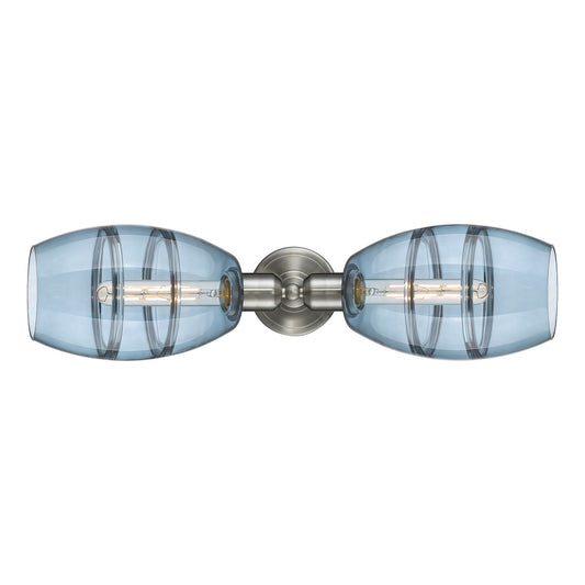 Innovations Vaz 24in 2-Light Linear Bath Vanity Light | Industrial Brushed Satin Nickel and Blue Glass | Bathroom Vanity & | Model 900-2W-SN-G557-6BL