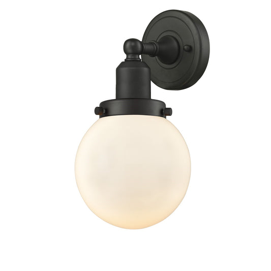 Innovations Beacon 6in 1-Light Wall Sconce | Oil Rubbed Bronze Steel and Matte White Frosted Glass | Hallway & Bedroom | Model 900H-1W-OB-G201-6-LED