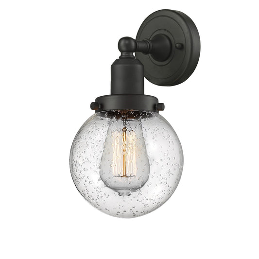 Innovations Beacon 6in 1-Light Wall Sconce | Industrial Oil Rubbed Bronze Steel and Seedy Glass | Bedroom & Hallway Accent | Model 900H-1W-OB-G204-6-LED
