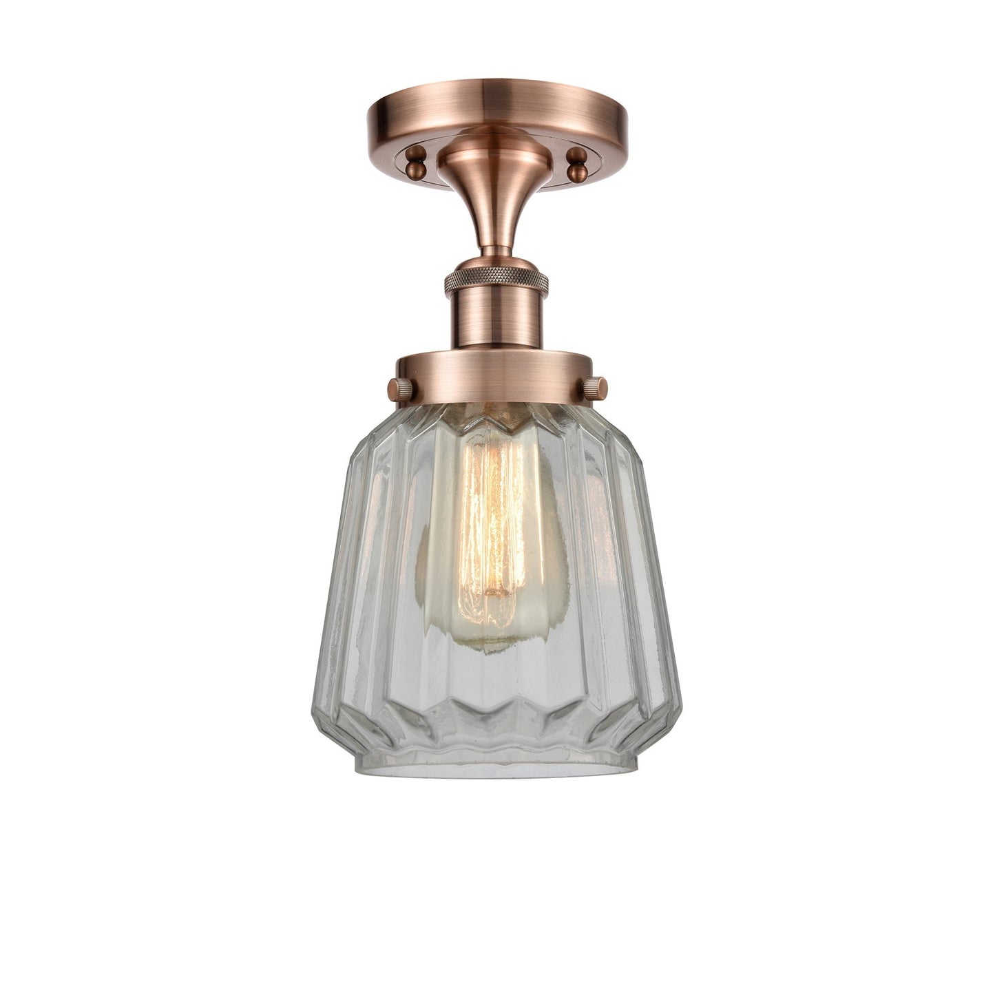 Innovations Chatham 7in 1-Light Semi-Flush Mount | Modern Transitional Antique Copper Steel and Clear Ribbed Glass | Entryway & | Model 916-1C-AC-G142