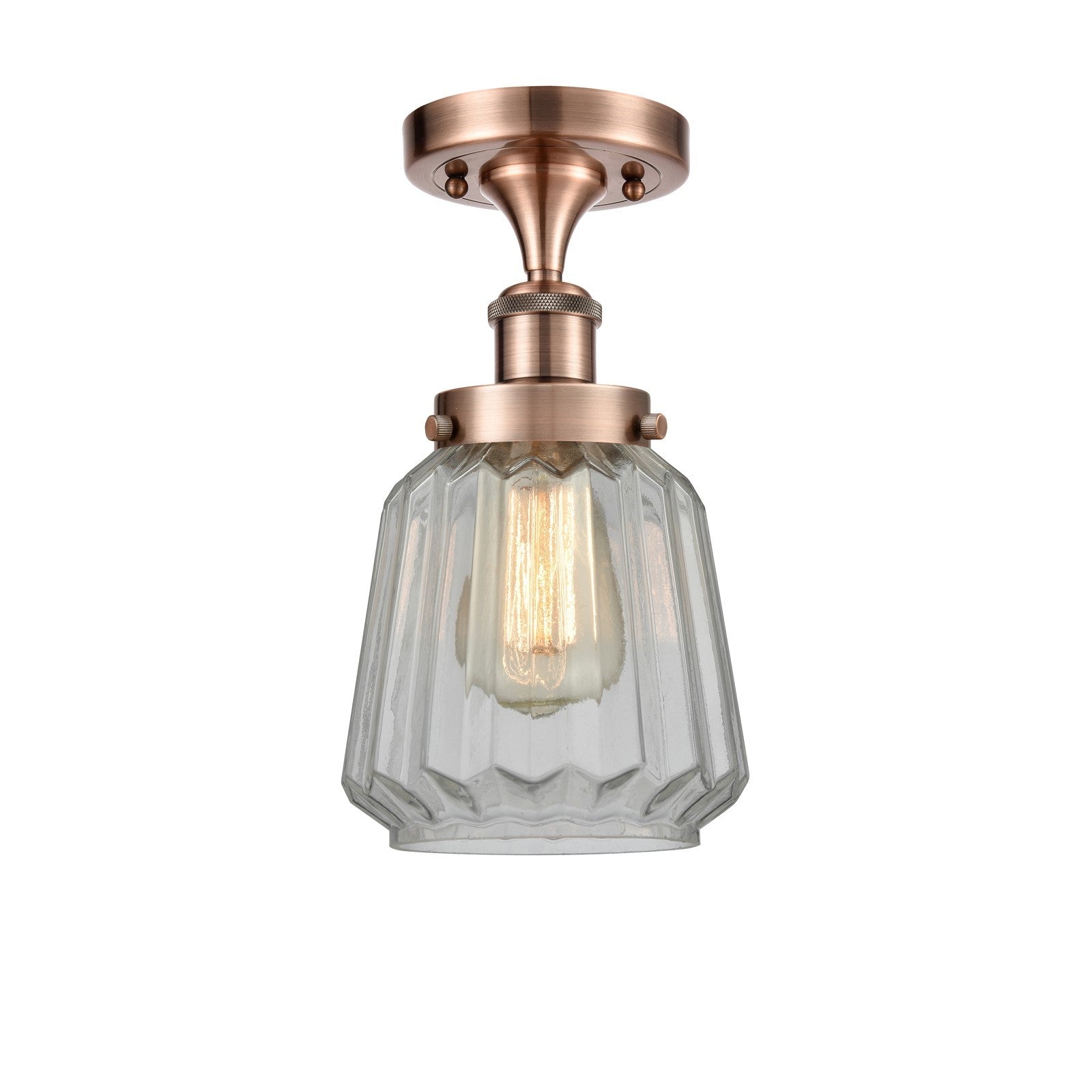 Innovations Chatham 7in 1-Light Semi-Flush Mount | Modern Transitional Antique Copper Steel and Clear Ribbed Glass | Entryway & | Model 916-1C-AC-G142