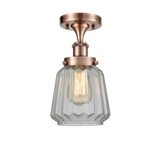 Innovations Chatham 7in 1-Light Semi-Flush Mount | Modern Transitional Antique Copper Steel and Clear Ribbed Glass | Entryway & | Model 916-1C-AC-G142