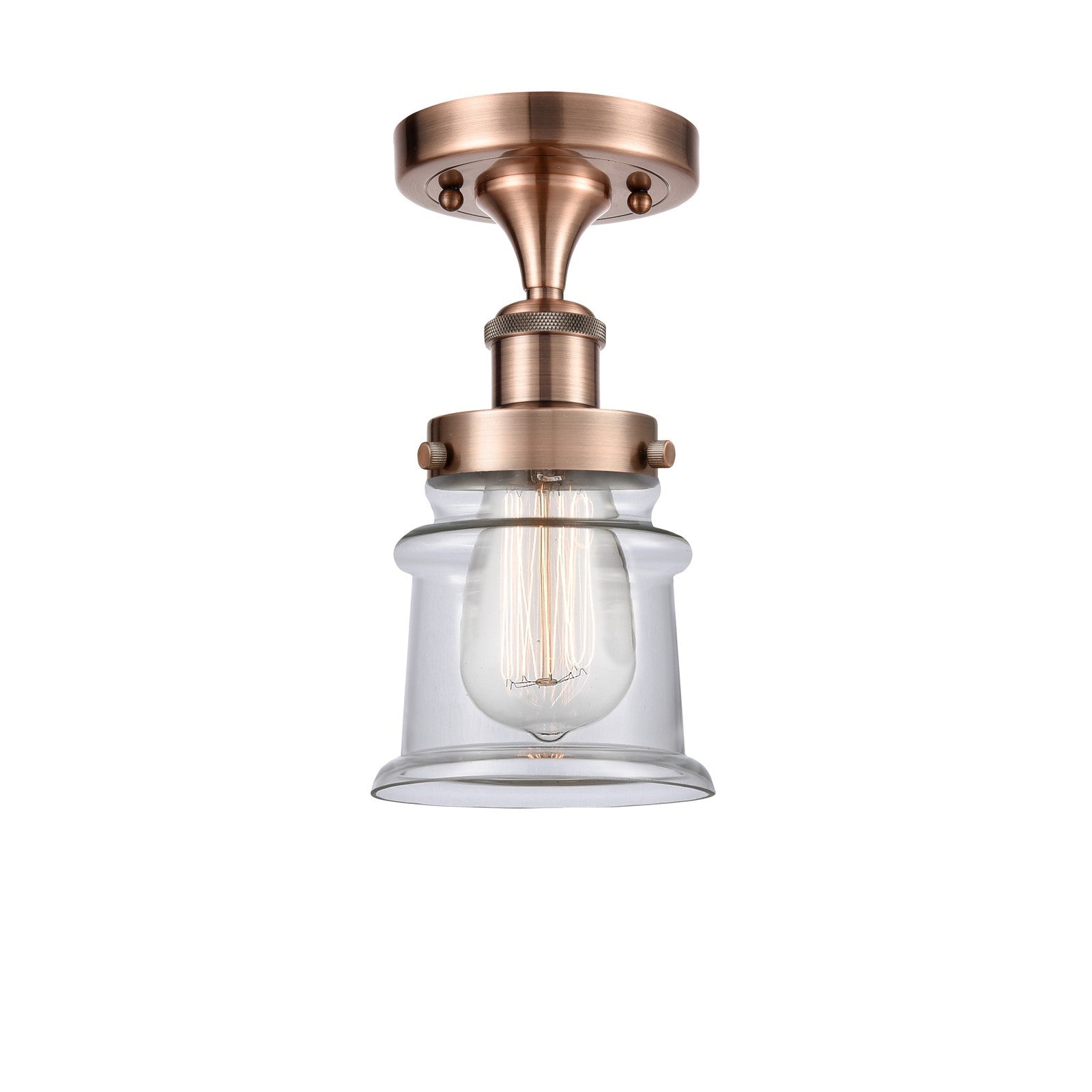 Innovations Canton 5.25in 1-Light Semi-Flush Mount | Modern Transitional Antique Copper Steel and Clear Glass Schoolhouse | Model 916-1C-AC-G182S