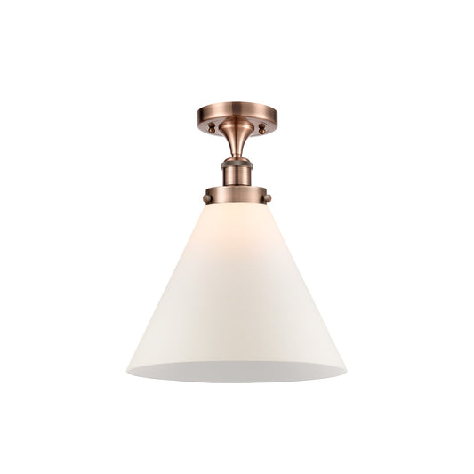 Innovations Cone 12in 1-Light Semi-Flush Mount | Industrial Antique Copper Steel and Matte White Frosted Glass | Kitchen & | Model 916-1C-AC-G41-L-LED
