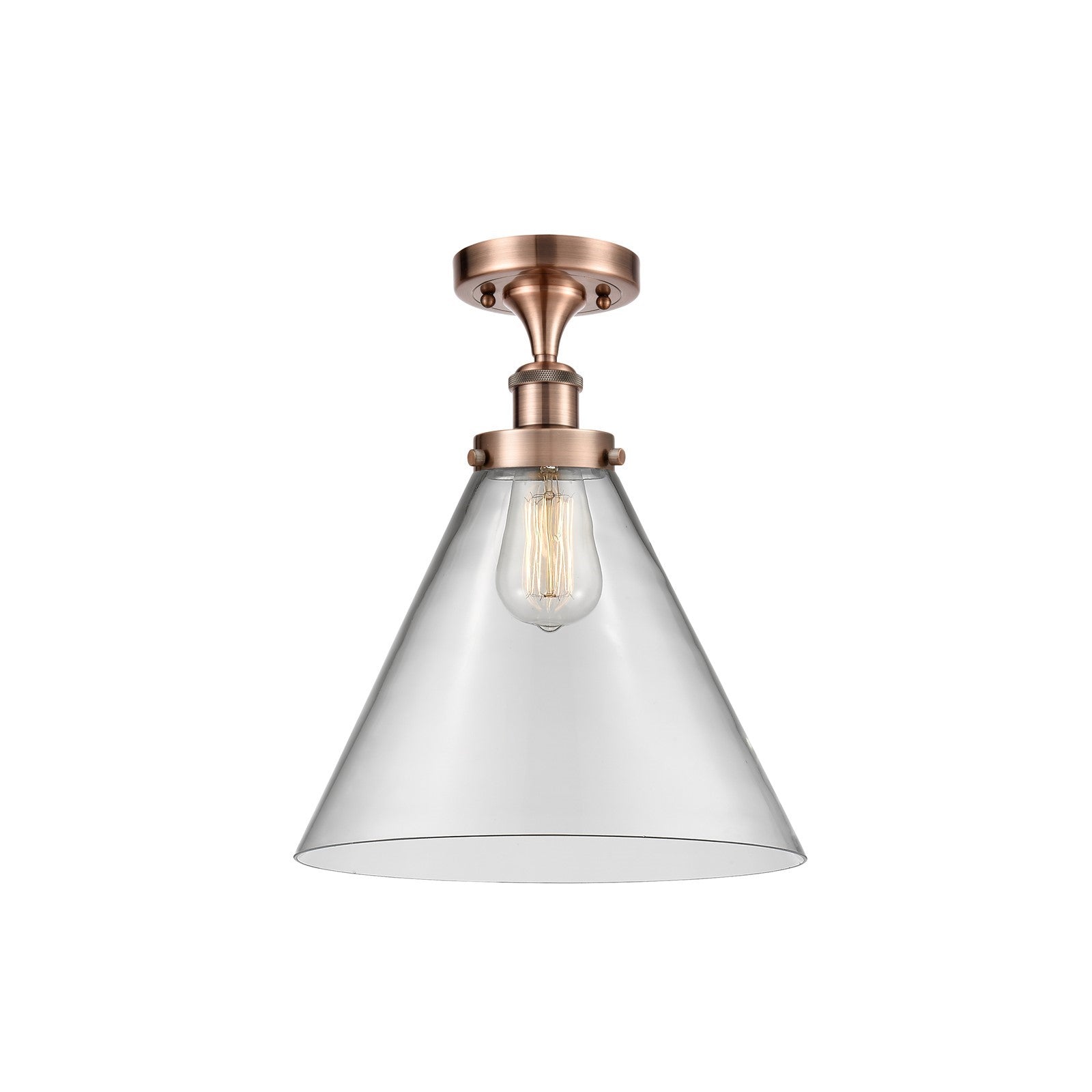 Innovations Cone 12in 1-Light Semi-Flush Mount | Industrial Antique Copper Steel and Clear Glass | Hallway & Entryway | Model 916-1C-AC-G42-L-LED