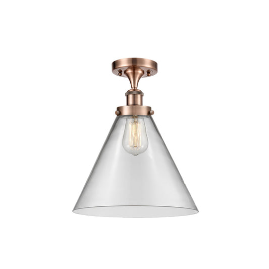 Innovations Cone 12in 1-Light Semi-Flush Mount | Industrial Antique Copper Steel and Clear Glass | Hallway & Entryway | Model 916-1C-AC-G42-L-LED