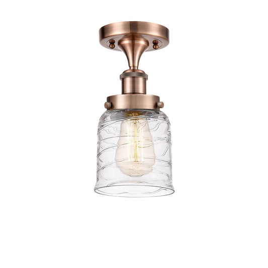 Innovations Bell 5in 1-Light Semi-Flush Mount | Industrial Antique Copper Steel and Clear Deco Swirl Glass | Hallway & Entryway | Model 916-1C-AC-G513