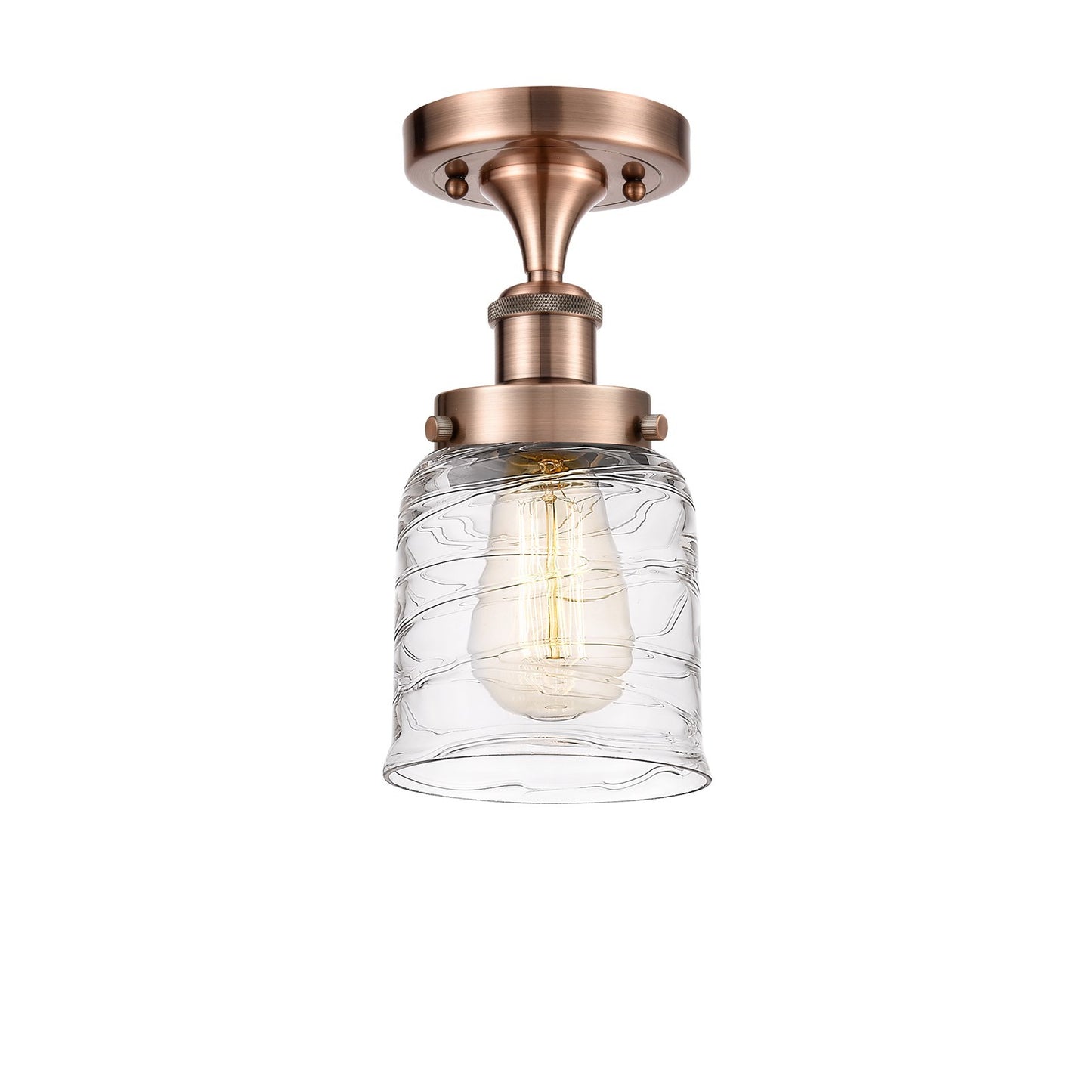 Innovations Bell 5in 1-Light Semi-Flush Mount | Industrial Antique Copper Steel and Clear Deco Swirl Glass | Hallway & Entryway | Model 916-1C-AC-G513-LED