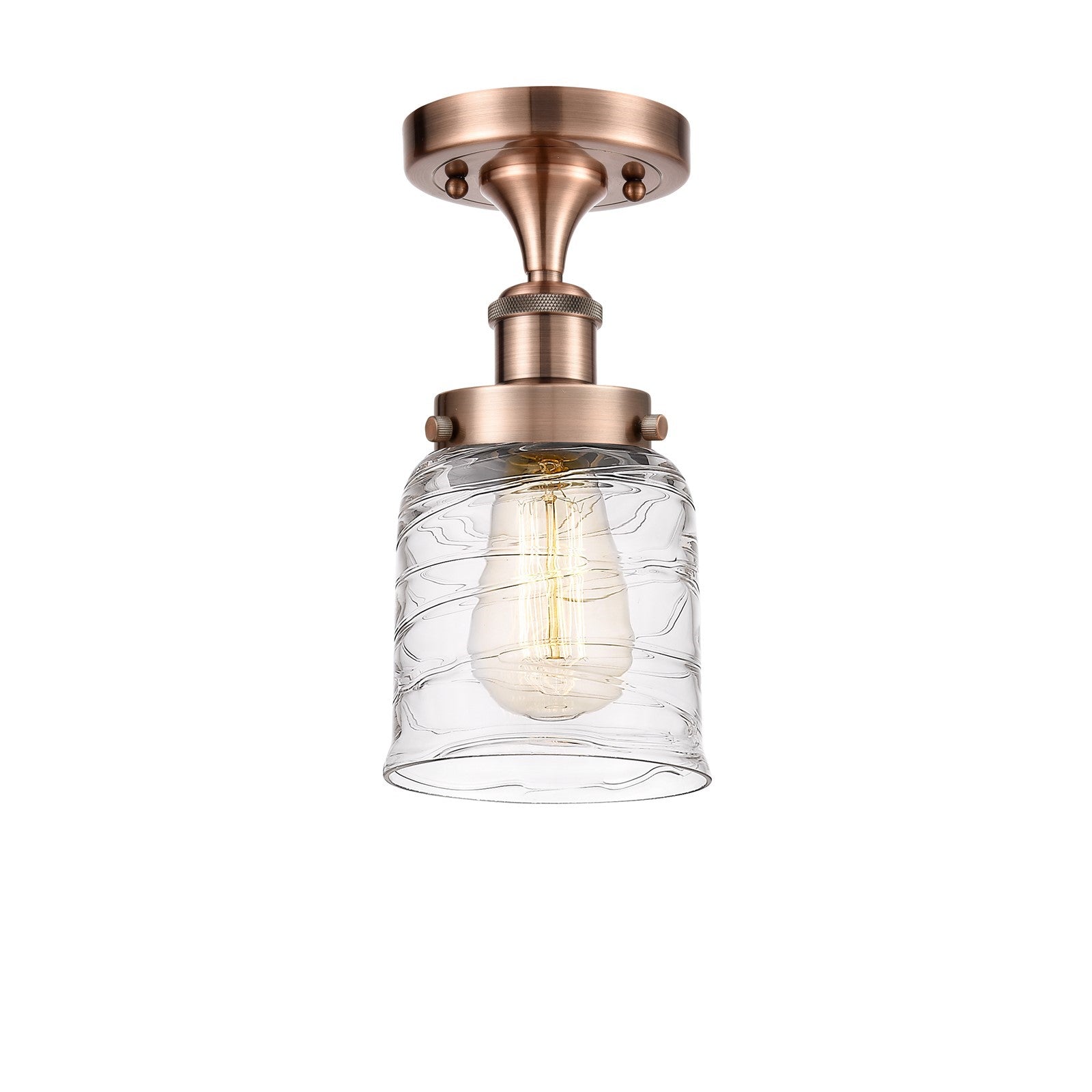Innovations Bell 5in 1-Light Semi-Flush Mount | Industrial Antique Copper Steel and Clear Deco Swirl Glass | Hallway & Entryway | Model 916-1C-AC-G513-LED