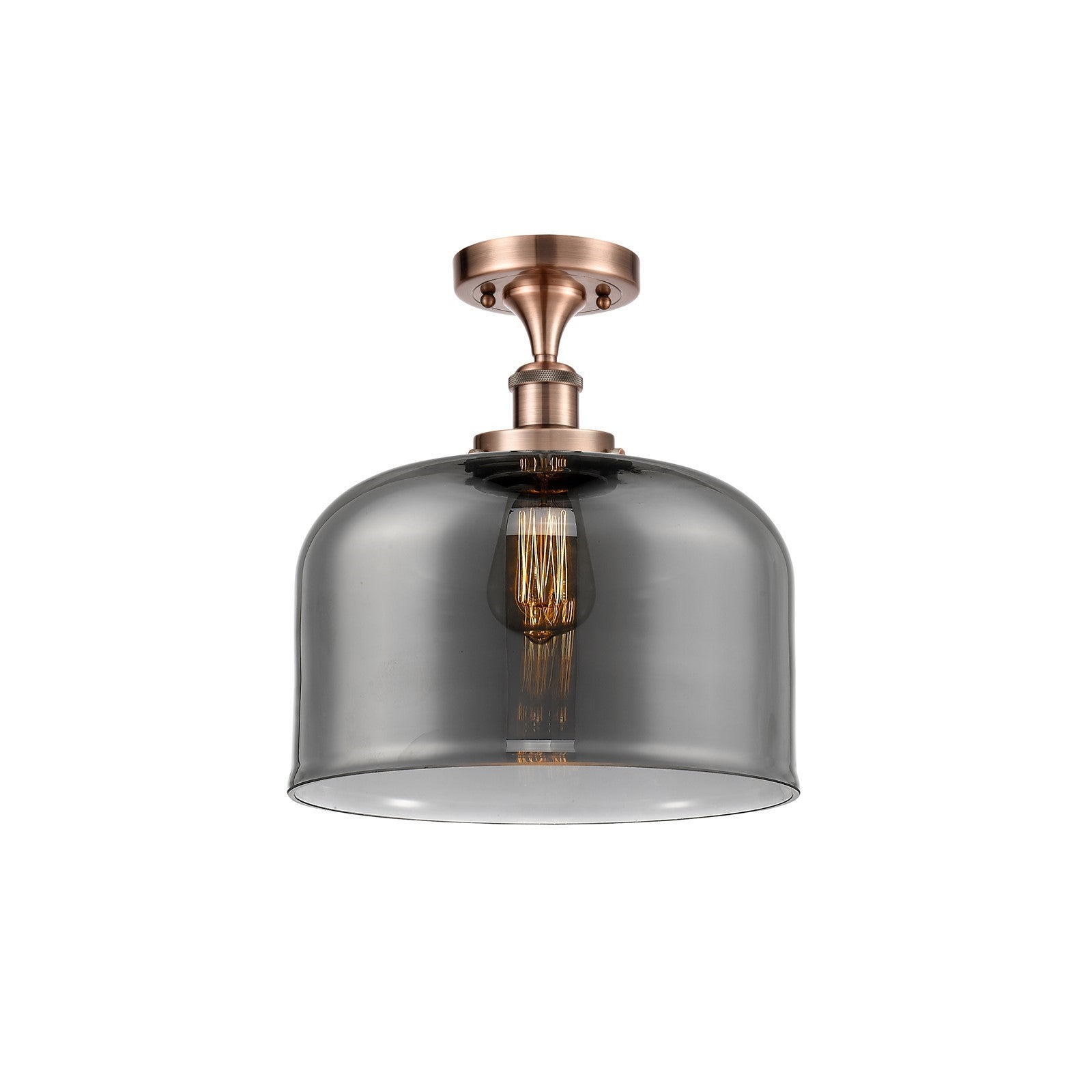 Innovations Bell 12in 1-Light Semi-Flush Mount | Industrial Antique Copper Steel and Light Smoke Glass | Entryway & Hallway | Model 916-1C-AC-G73-L-LED