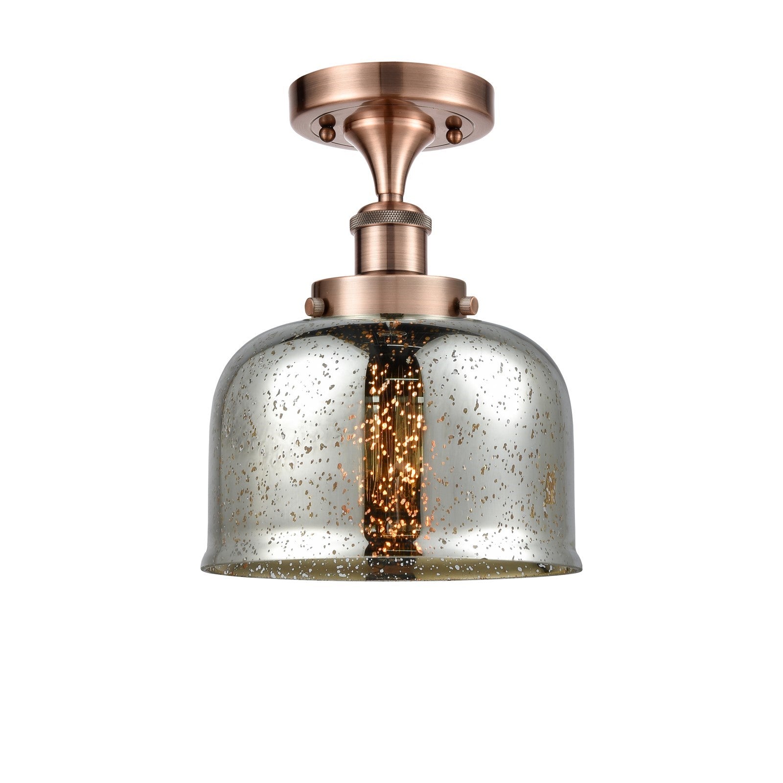 Innovations Bell 8in 1-Light Semi-Flush Mount | Industrial Antique Copper Steel and Silver Plated Mercury Glass | Entryway & Hallway | Model 916-1C-AC-G78