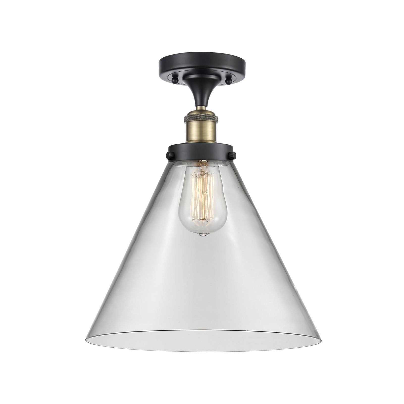 Innovations Cone 12in 1-Light Semi-Flush Mount | Industrial Black Antique Brass and Clear Glass | Entryway & Hallway | Model 916-1C-BAB-G42-L-LED