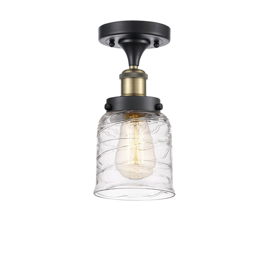 Innovations Bell 5in 1-Light Semi-Flush Mount | Industrial Black Antique Brass and Clear Deco Swirl Glass | Covered Patios & | Model 916-1C-BAB-G513-LED