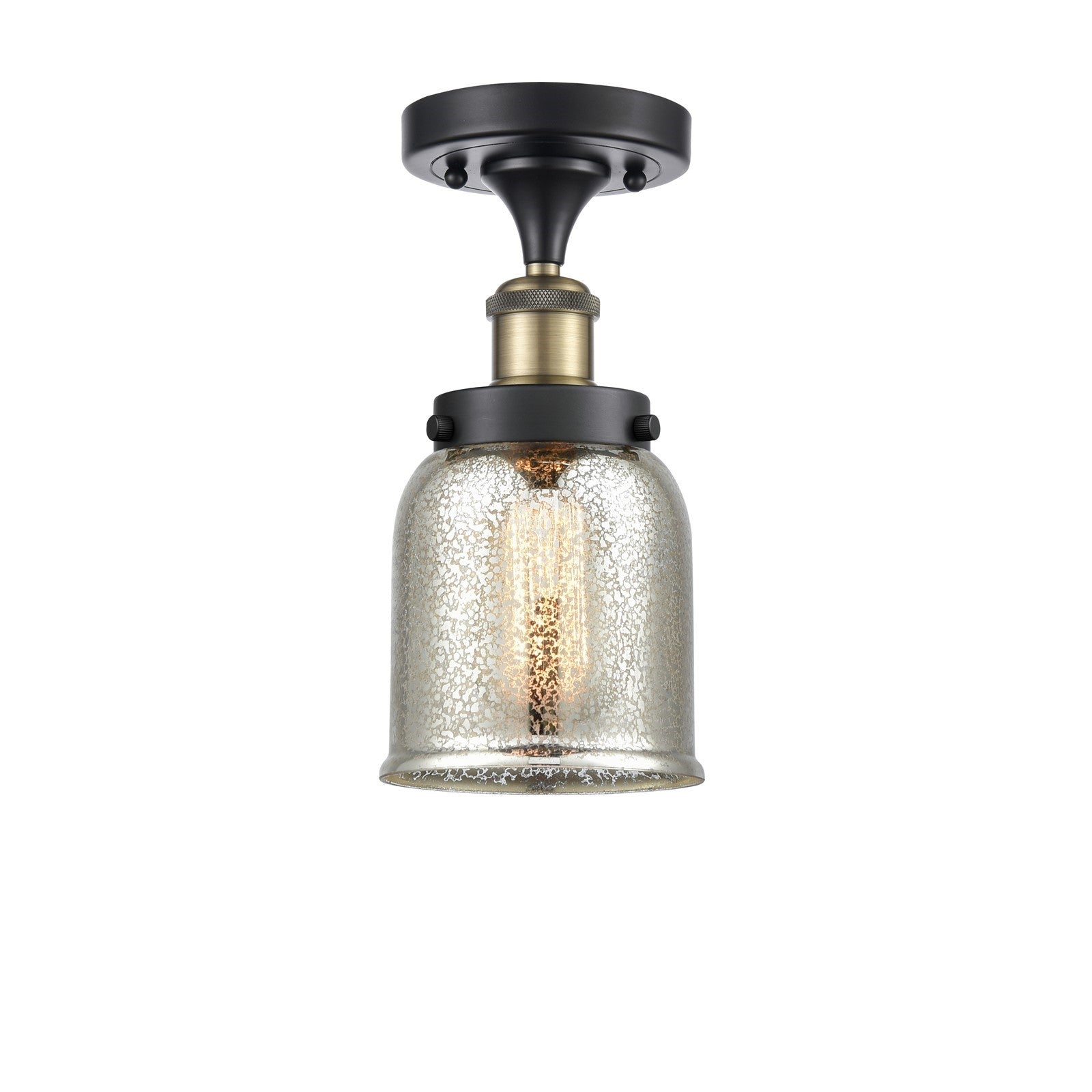 Innovations Bell 5in 1-Light Semi-Flush Mount | Industrial Black Antique Brass and Silver Plated Mercury Glass | Covered Patios | Model 916-1C-BAB-G58-LED