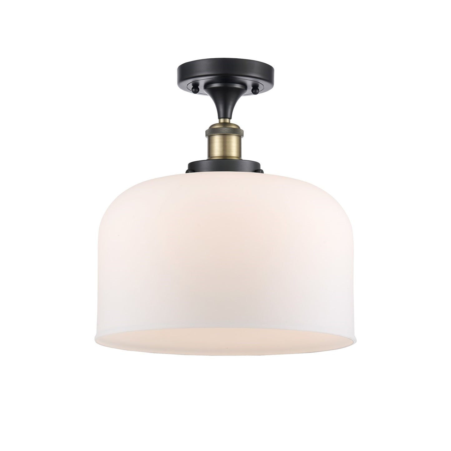 Innovations Bell 12in 1-Light Semi-Flush Mount | Industrial Black Antique Brass and Matte White Frosted Glass | Living Rooms | Model 916-1C-BAB-G71-L-LED