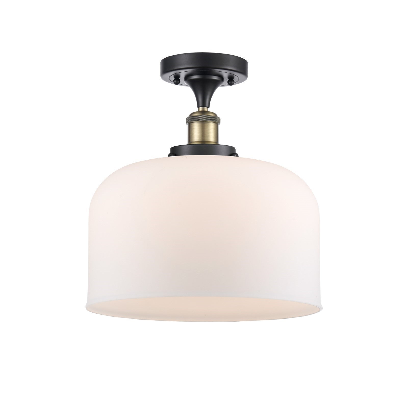 Innovations Bell 12in 1-Light Semi-Flush Mount | Industrial Black Antique Brass and Matte White Frosted Glass | Living Rooms | Model 916-1C-BAB-G71-L-LED