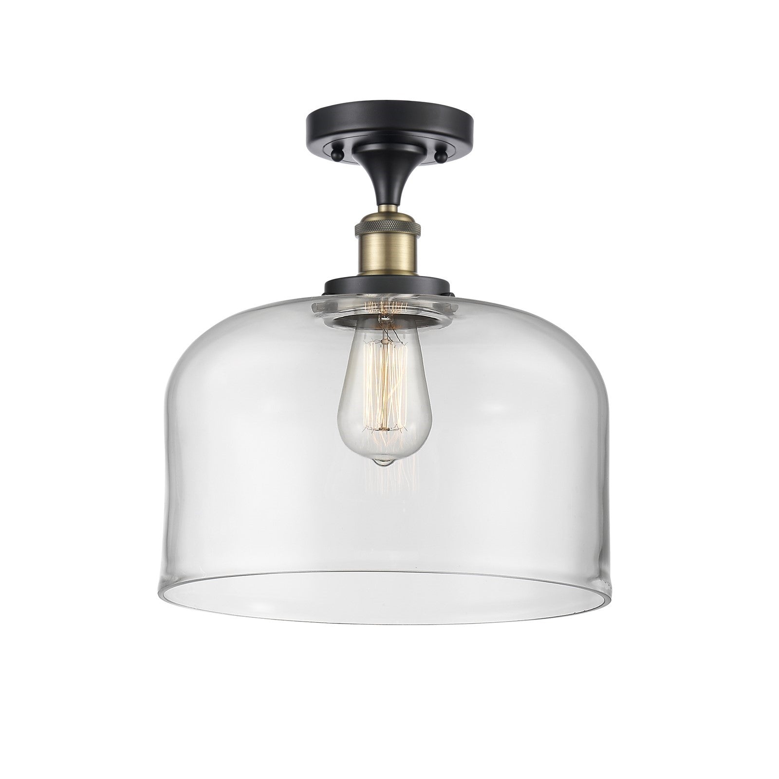 Innovations Bell 12in 1-Light Semi-Flush Mount | Industrial Black Antique Brass and Clear Glass | Foyer & Hallway | 12 x 13 in | Model 916-1C-BAB-G72-L-LED
