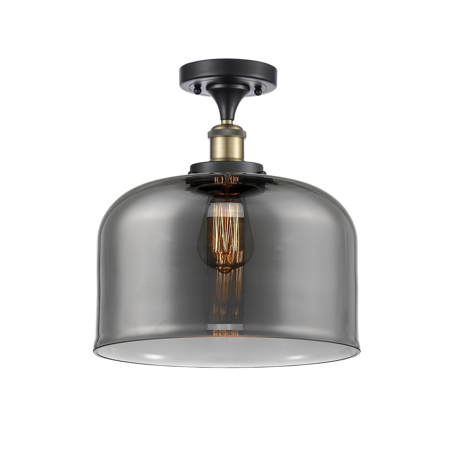 Innovations Bell 12in 1-Light Semi-Flush Mount | Industrial Black Antique Brass and Light Smoke Glass | Foyer & Hallway | Model 916-1C-BAB-G73-L-LED